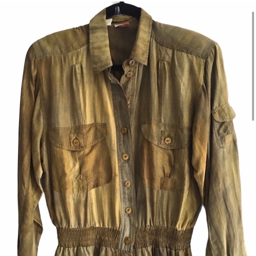 Vintage Bianca 100% Silk Jumpsuit Utility Military Olive Green Oversized Small - Picture 4 of 11